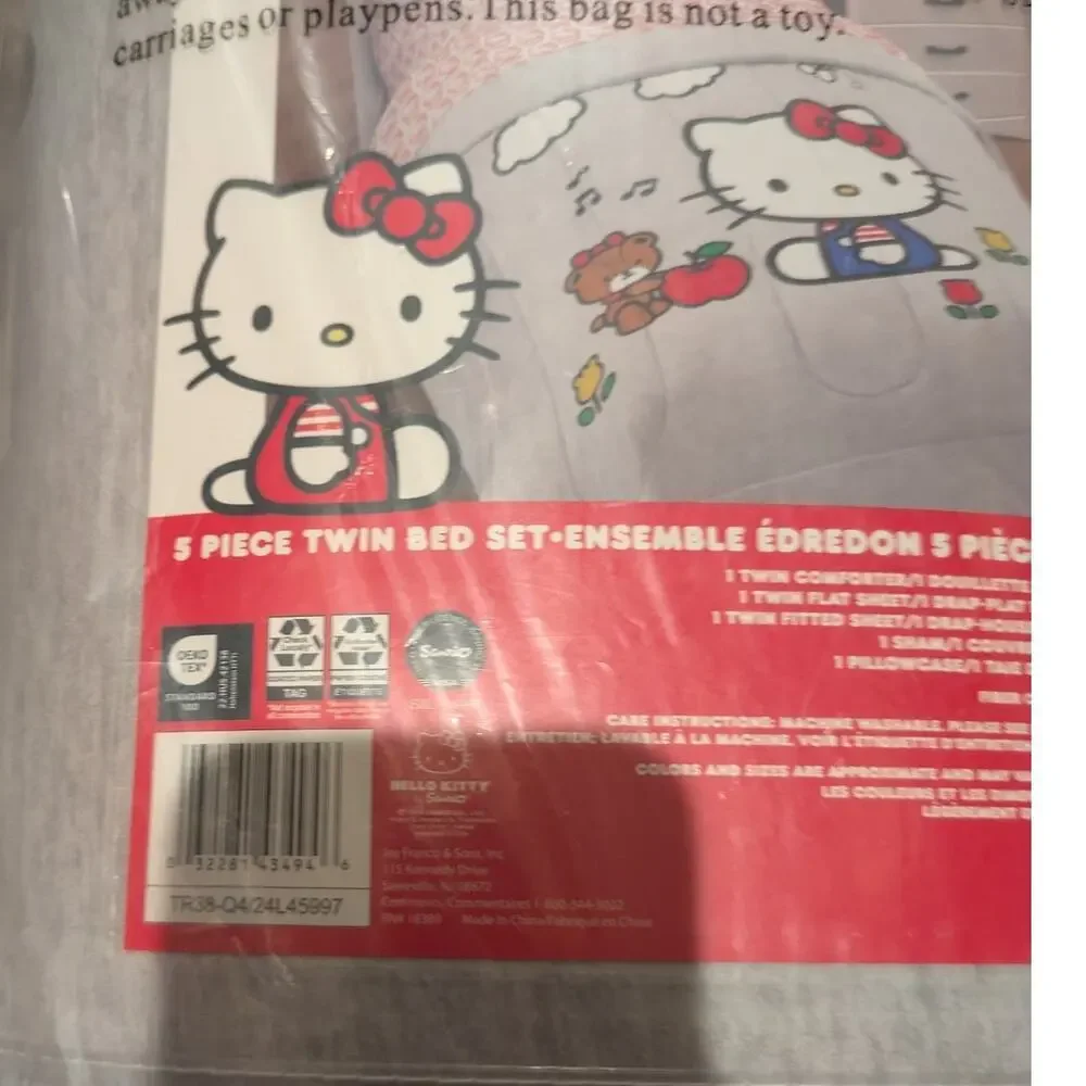 NEW Franco Sanrio Hello Kitty 5 Pc Twin Bedding Comforter & Sheet Set Gray Red